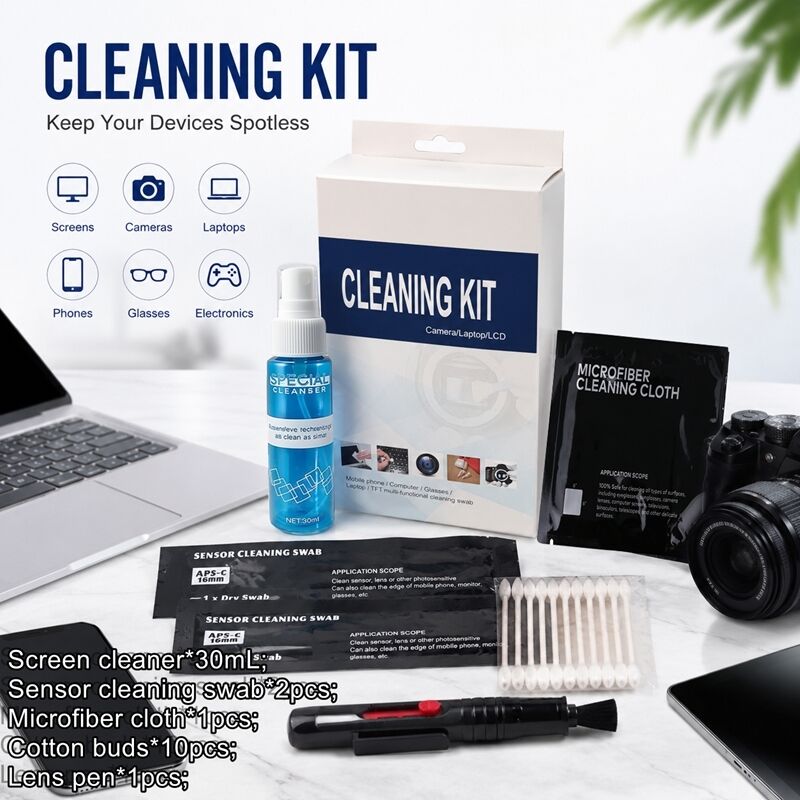 Kit de limpeza profissional 5 em 1 para lentes de câmera e sensor – alta capacidade de limpeza com micro cotonetes, pano, líquido e cotonete de sensor